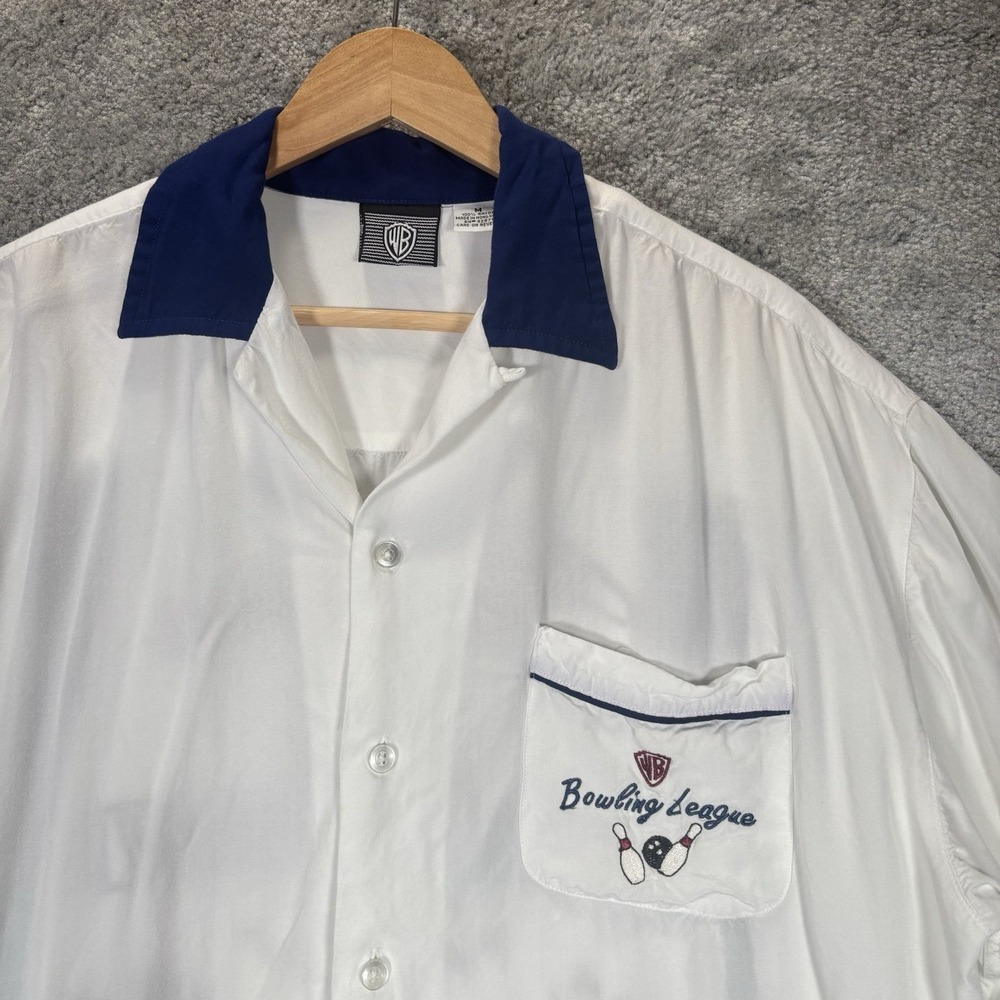 Vintage Warner Brothers Bowling Shirt Men XL White Blue Rayon Bowlerama Acme 90s